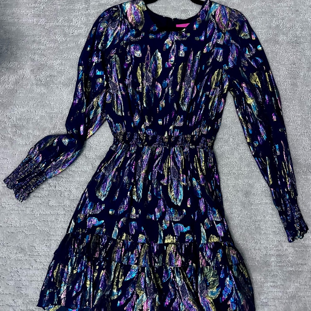 Lilly Pulitzer Dottie Silk Colorful Feather Pattern Dress, New Without Tags, 10